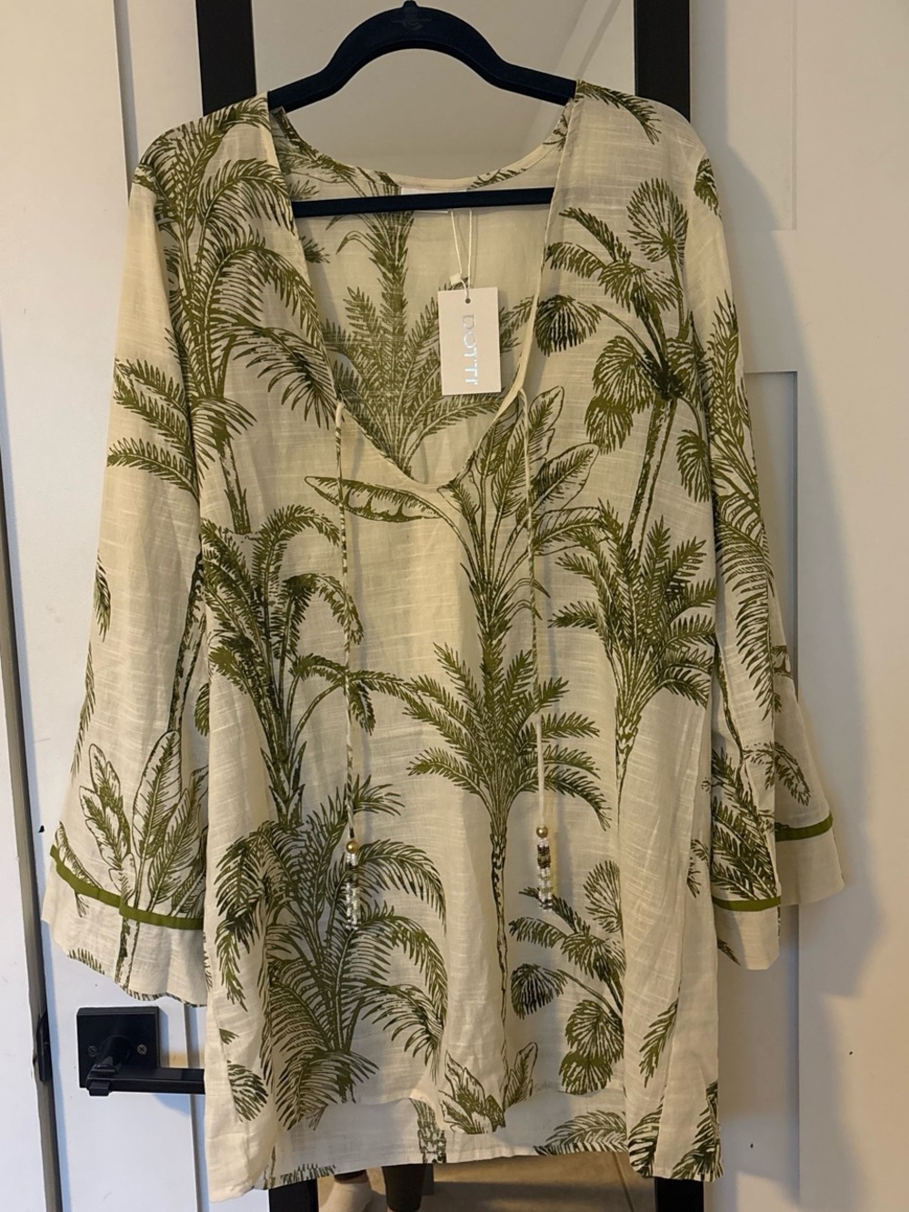 Olive Palm-Print V-Neck Linen Beach Cover up